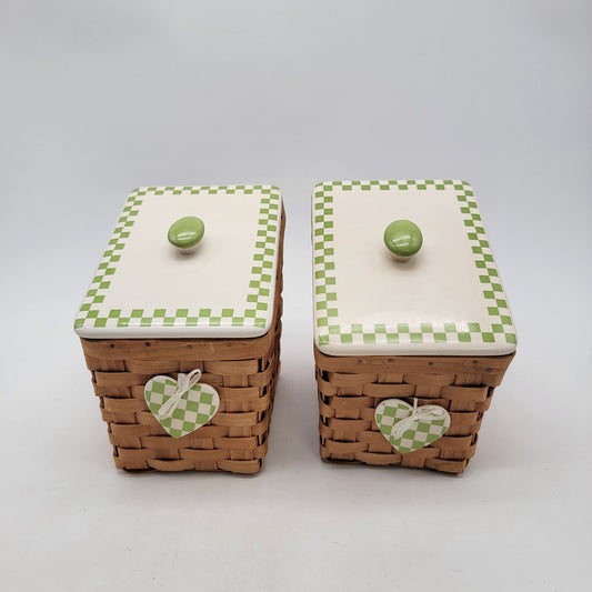 Set of 2 Wicker Canisters With Green & White Checker Lids & Heart Accents