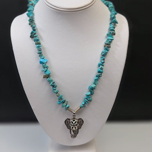 Penobscot Nation Native American 925 Elephant Pendant Turquoise Stone Chip Necklace 21.5"