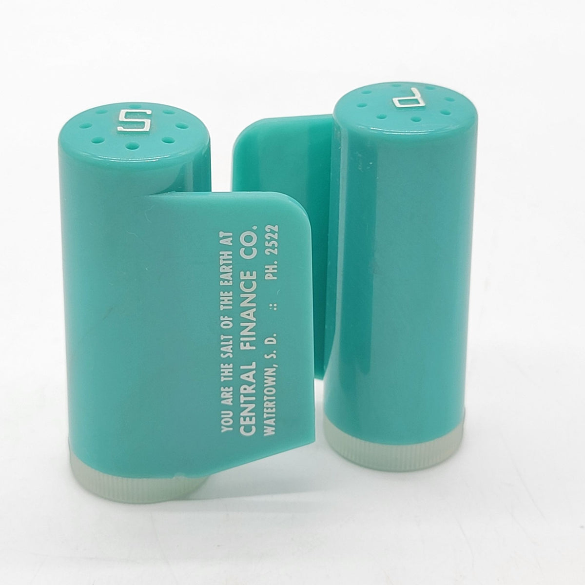 1950s Turquoise Blue Advertising Salt & Pepper Shakers Central Finance Co.