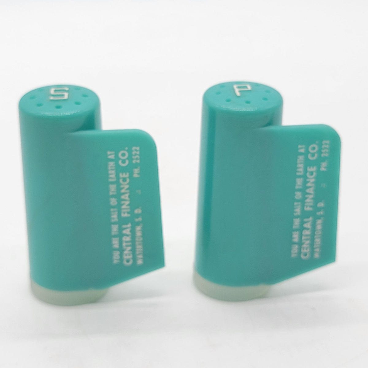 1950s Turquoise Blue Advertising Salt & Pepper Shakers Central Finance Co.