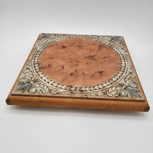 Vintage Wooden Lazy Susan With Decorative Tile Top