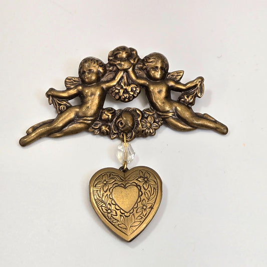 Vintage Cherub Angels Dangle Heart Locket Brooch
