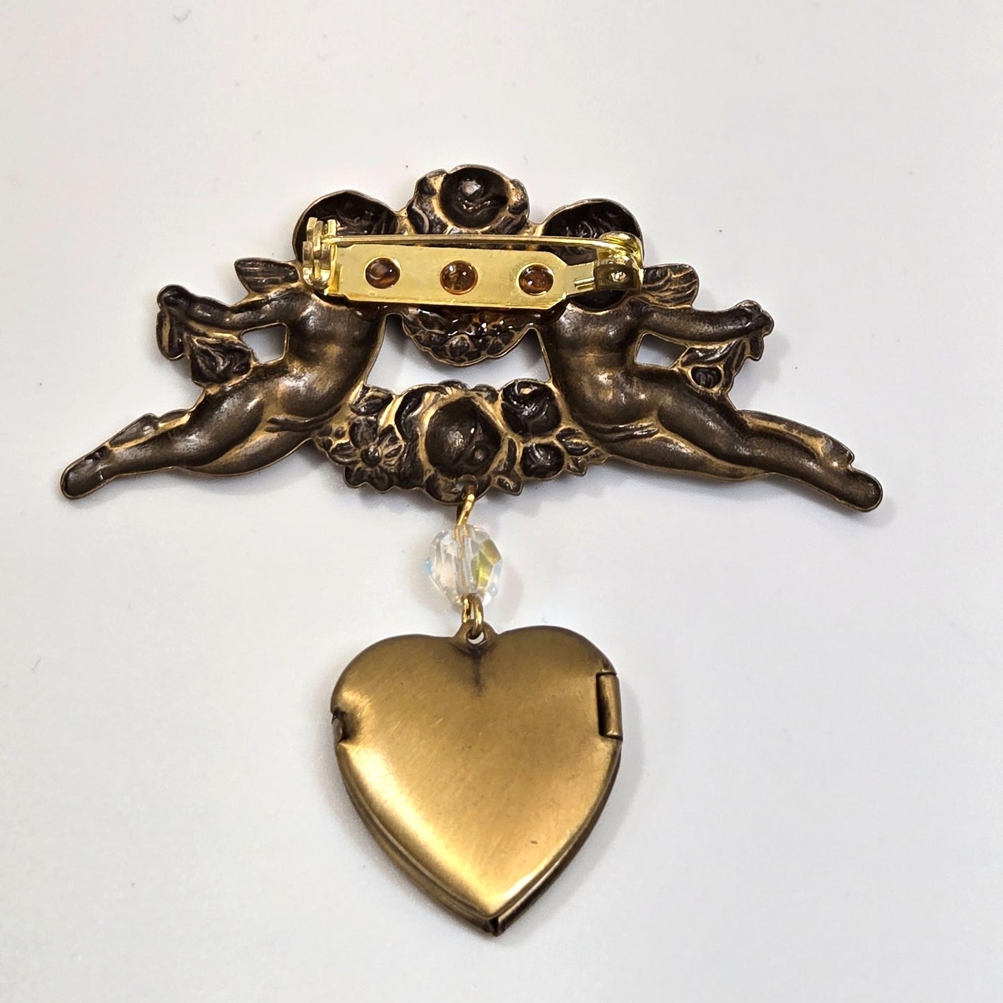 Vintage Cherub Angels Dangle Heart Locket Brooch