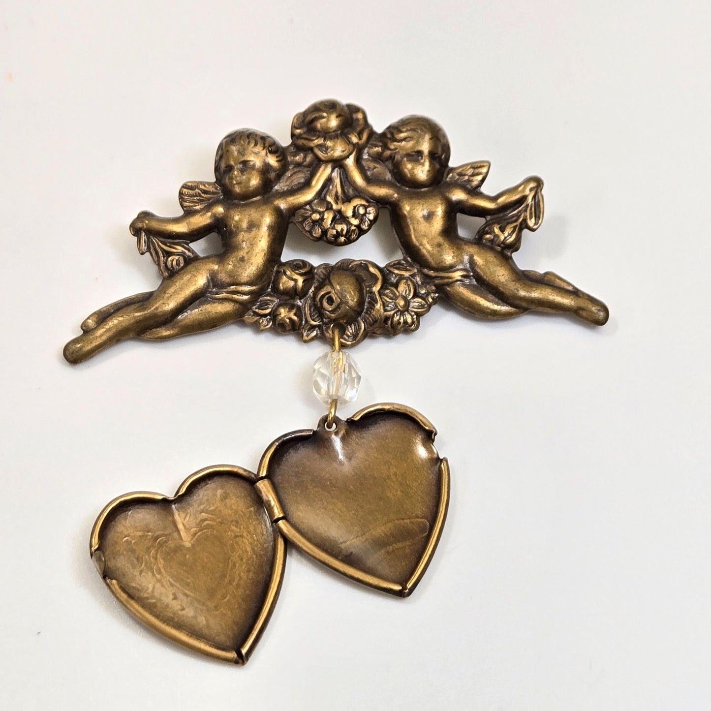 Vintage Cherub Angels Dangle Heart Locket Brooch