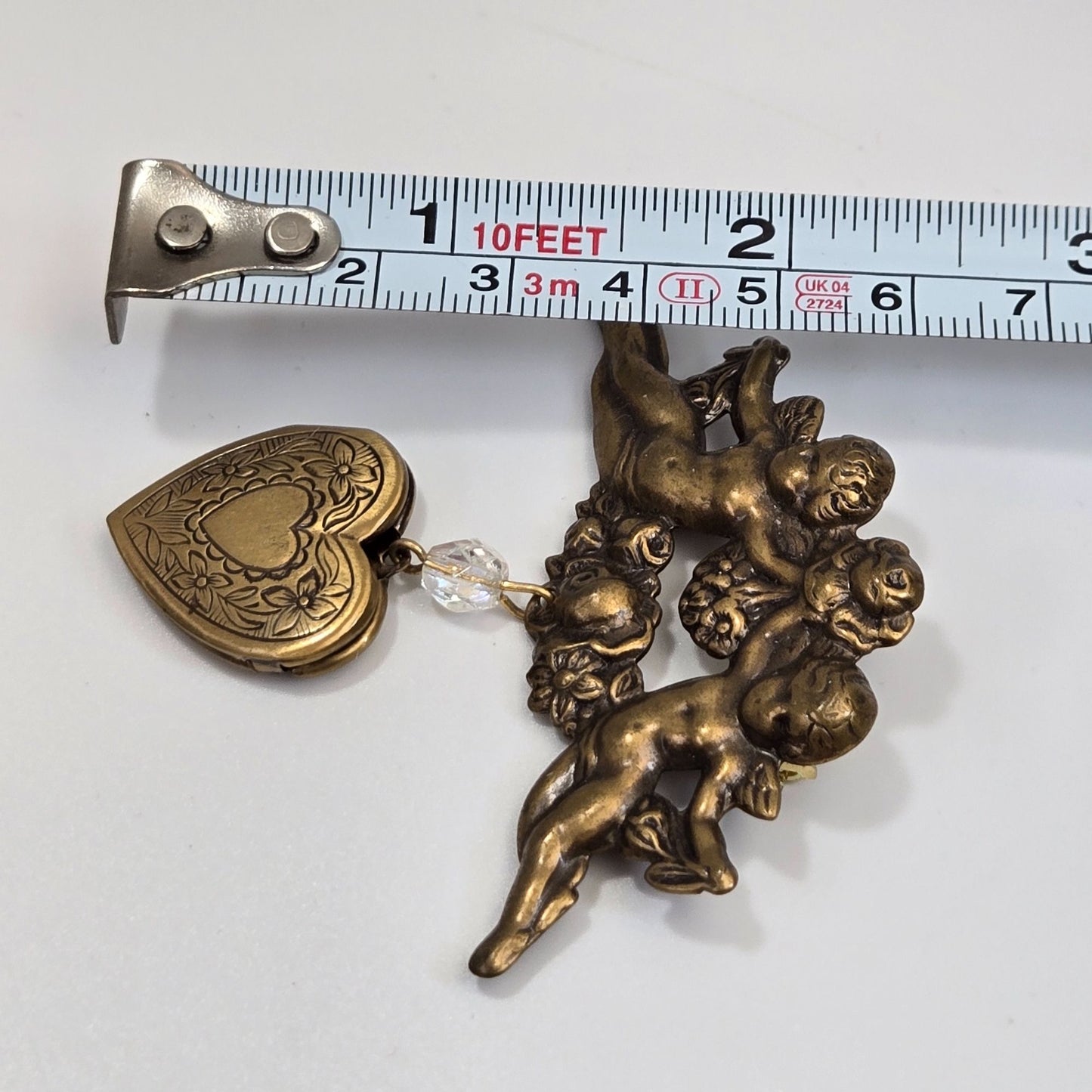 Vintage Cherub Angels Dangle Heart Locket Brooch