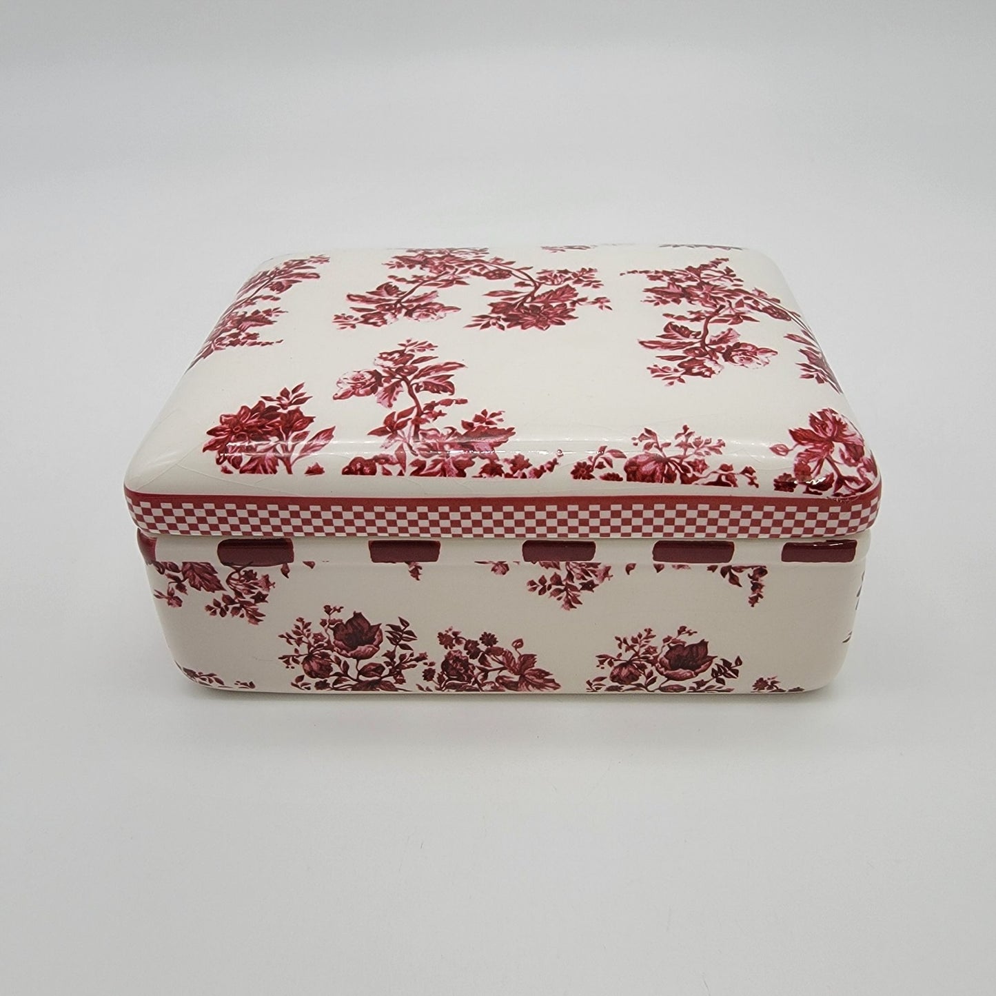 Vintage Red Roses Toile de Jouy Transferware Porcelain Rectangular Dresser Box