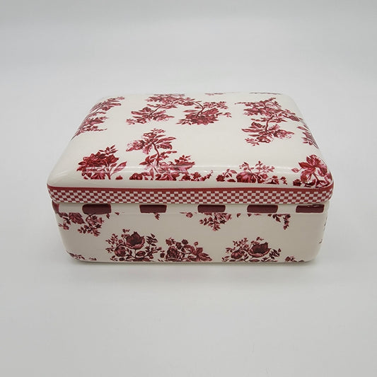 Vintage Red Roses Toile de Jouy Transferware Porcelain Rectangular Dresser Box