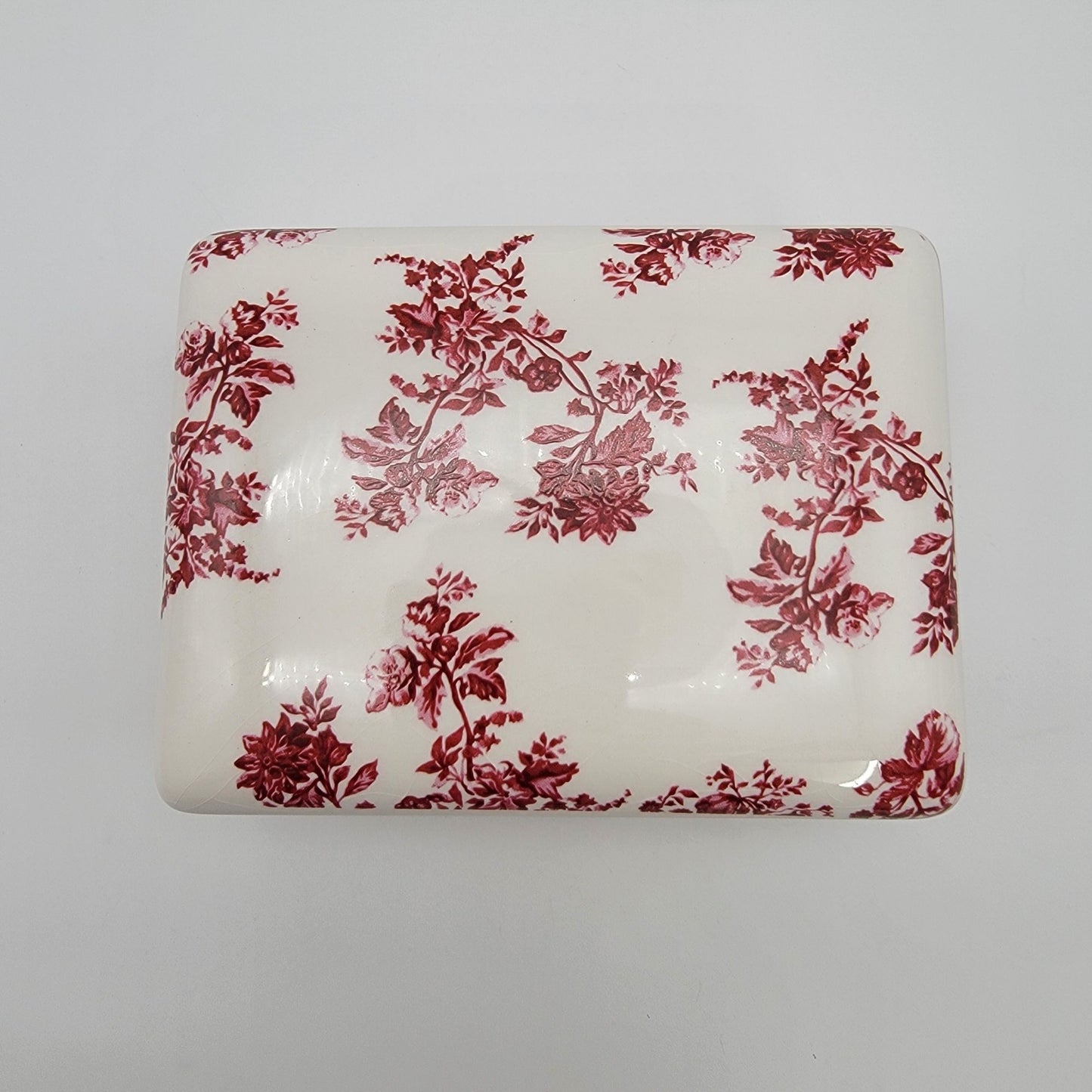 Vintage Red Roses Toile de Jouy Transferware Porcelain Rectangular Dresser Box