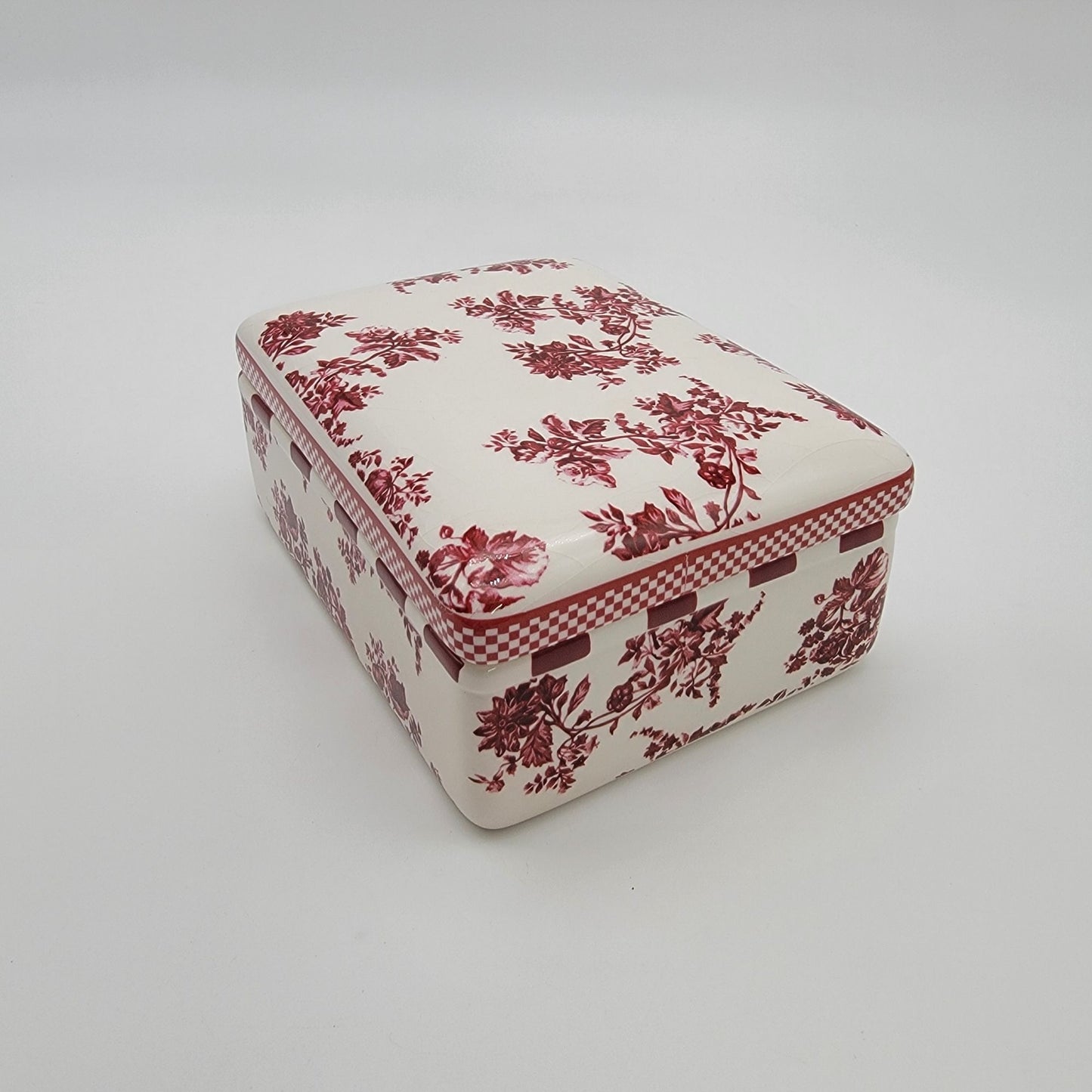 Vintage Red Roses Toile de Jouy Transferware Porcelain Rectangular Dresser Box