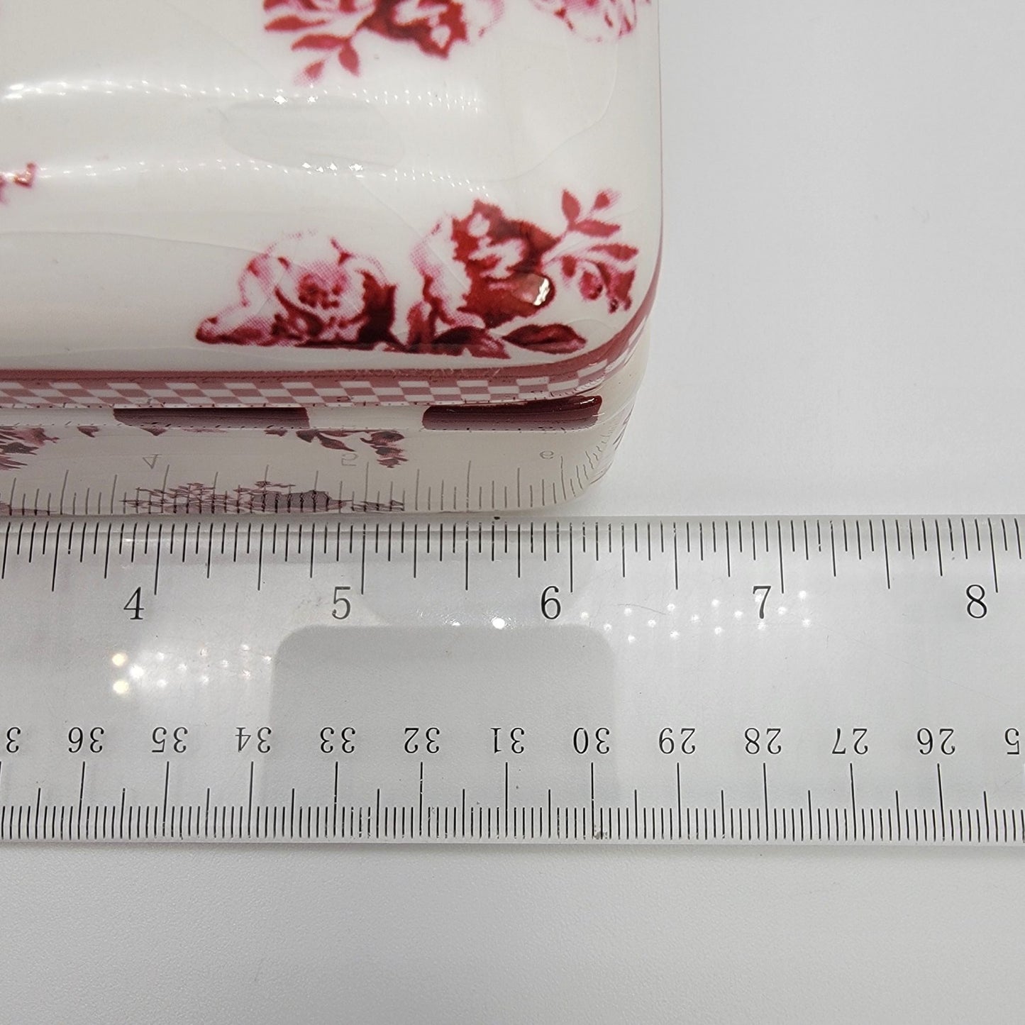 Vintage Red Roses Toile de Jouy Transferware Porcelain Rectangular Dresser Box