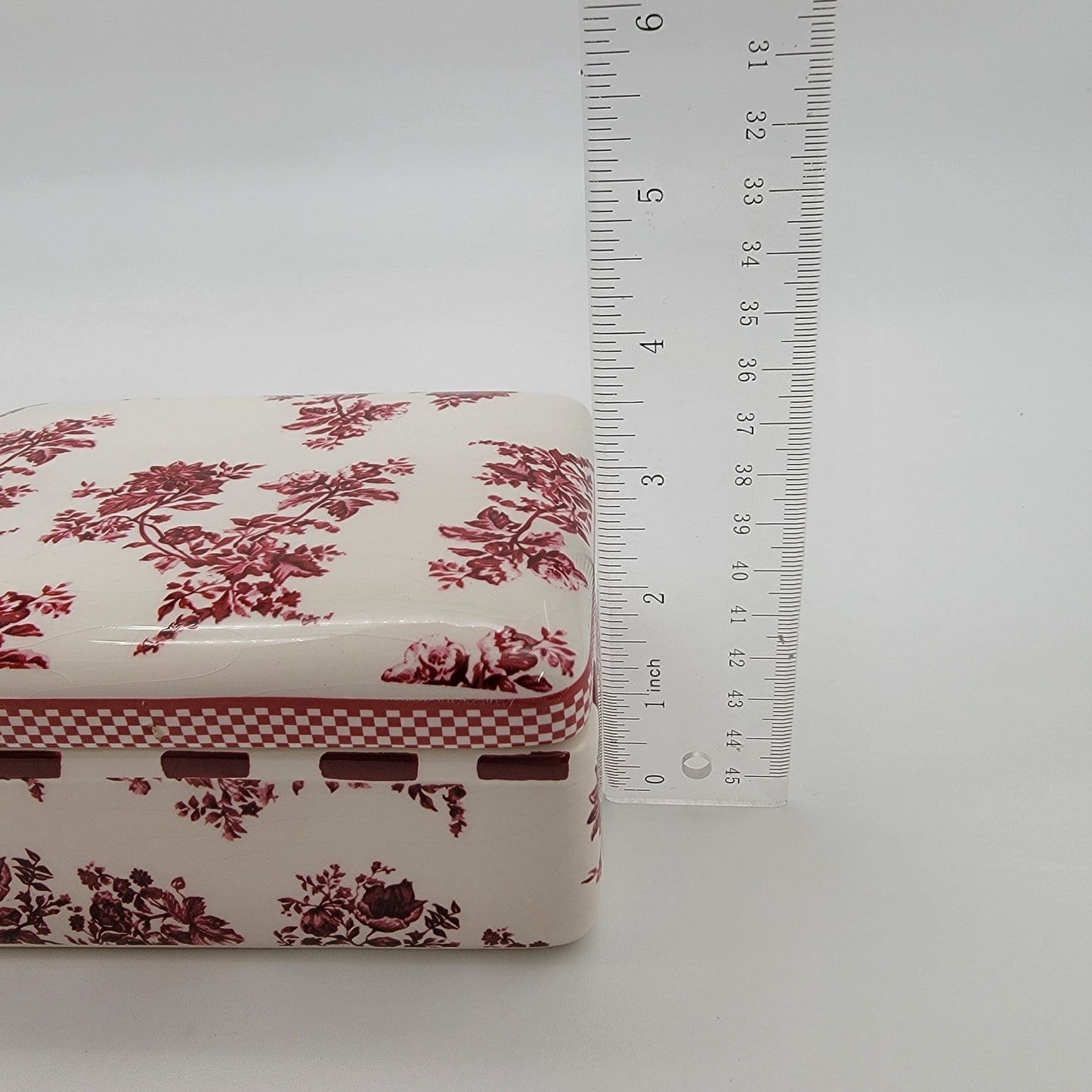 Vintage Red Roses Toile de Jouy Transferware Porcelain Rectangular Dresser Box