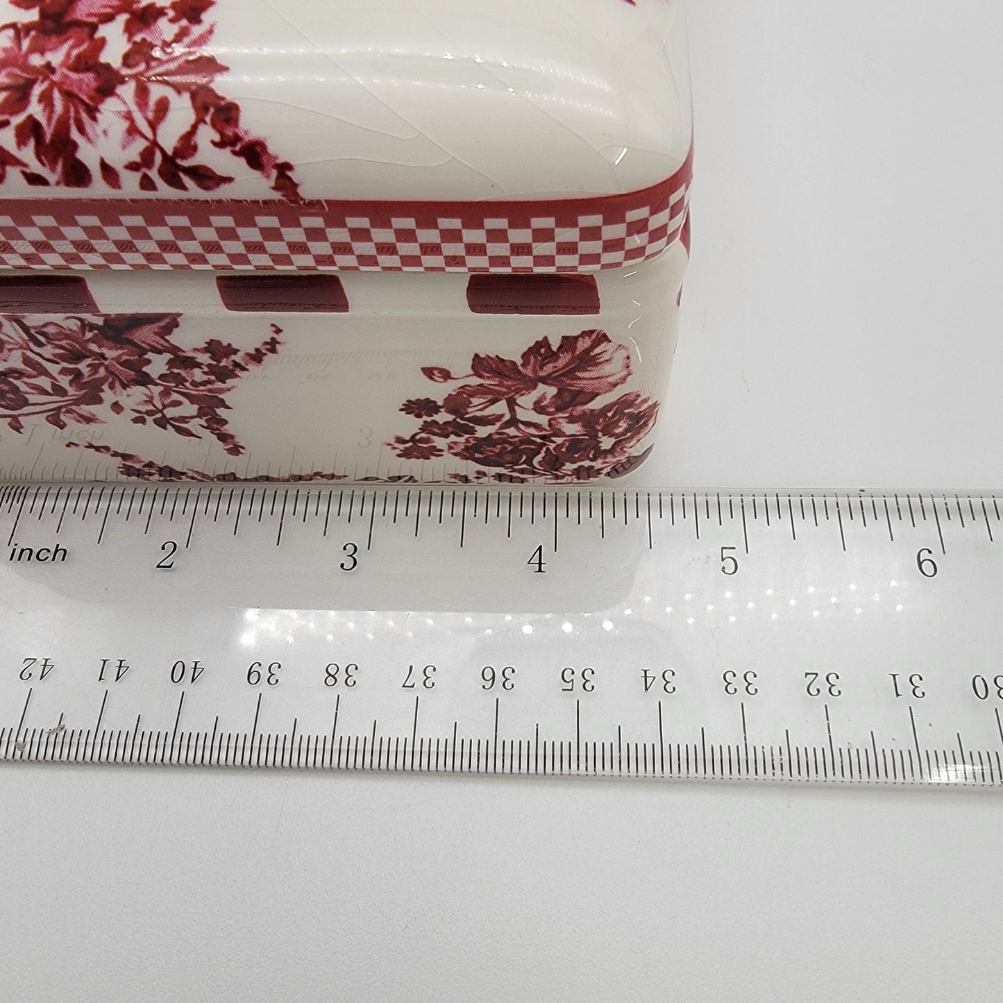 Vintage Red Roses Toile de Jouy Transferware Porcelain Rectangular Dresser Box