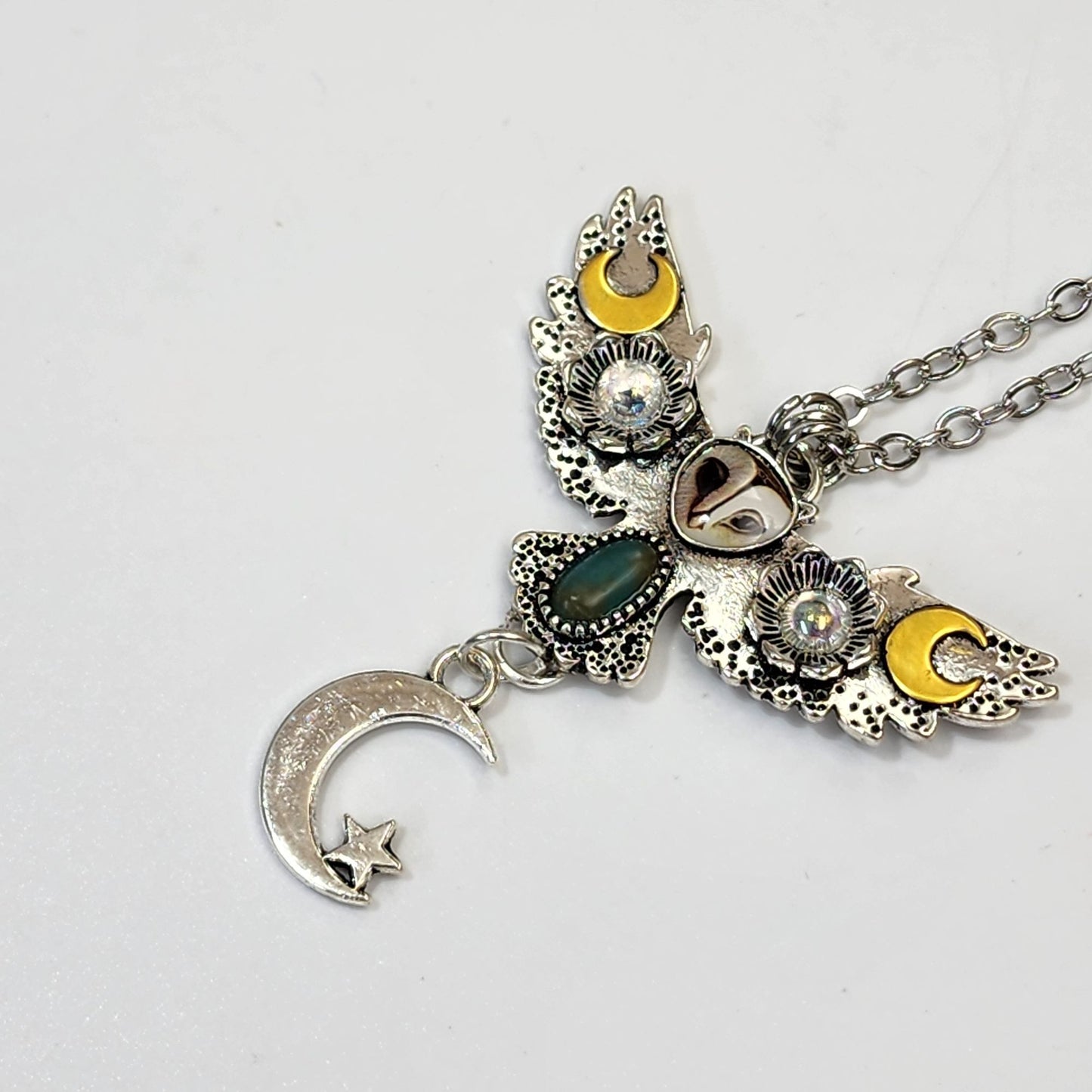 Steampunk Moon Barn Owl Pendant Necklace With Chain