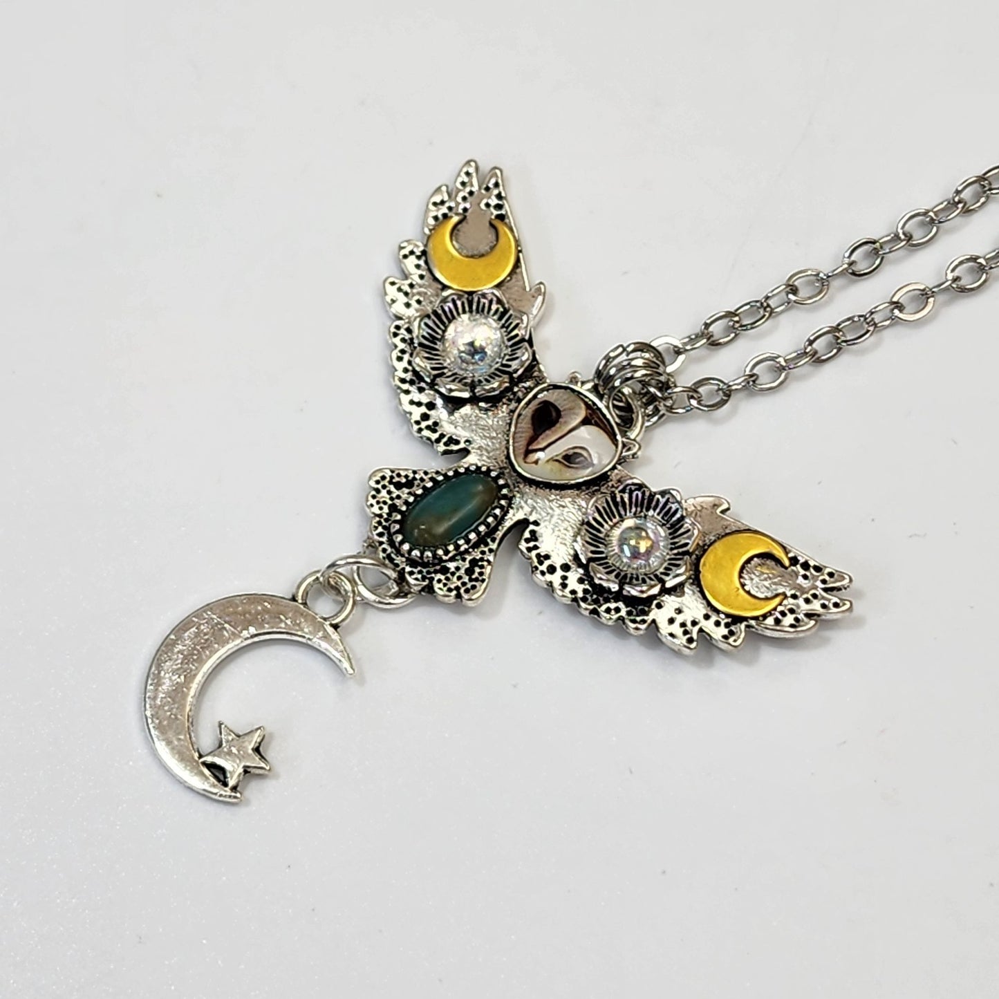 Steampunk Moon Barn Owl Pendant Necklace With Chain