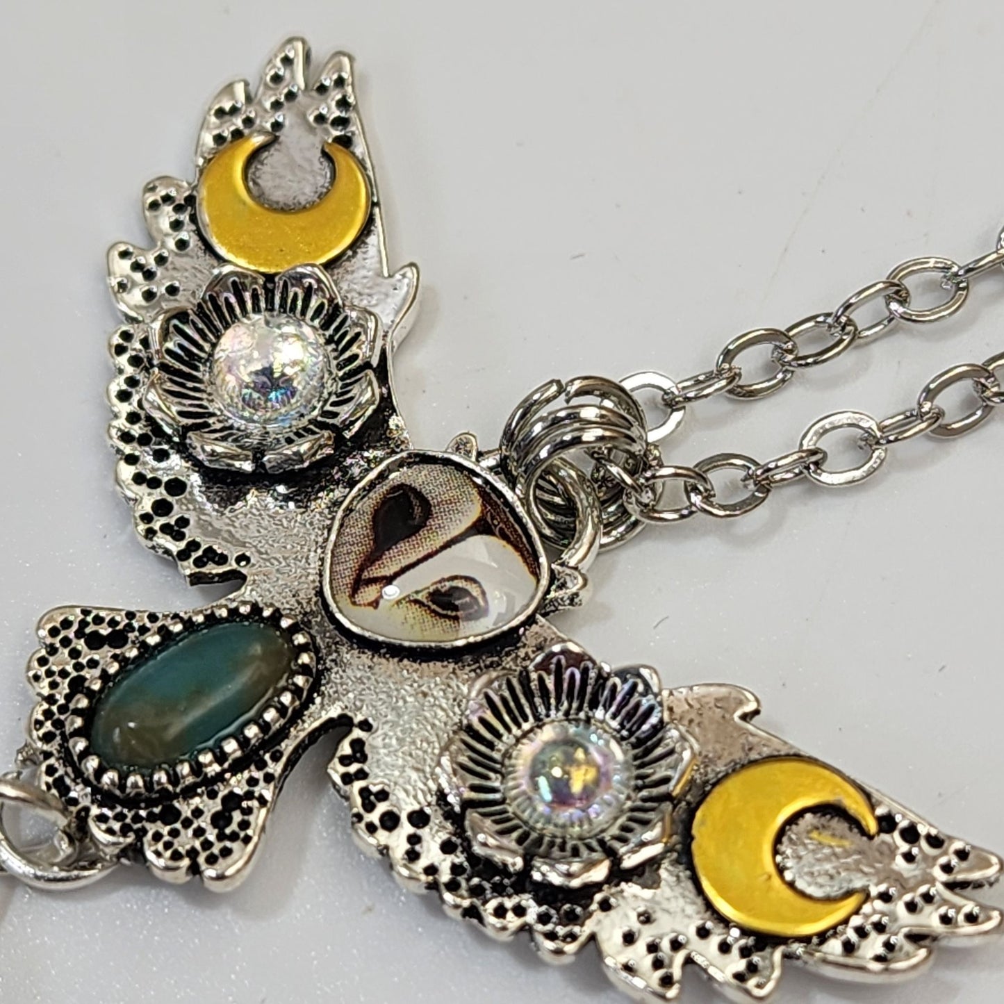 Steampunk Moon Barn Owl Pendant Necklace With Chain