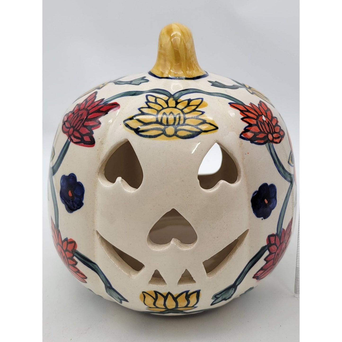Talavera Style Halloween Pumpkin Jack-O-Lantern White with Large  Yellow Flower