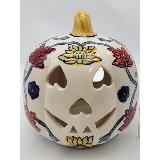 Talavera Style Halloween Pumpkin Jack-O-Lantern White with Large  Yellow Flower