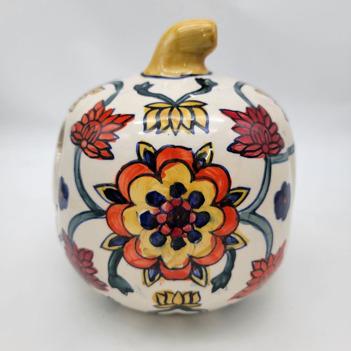 Talavera Style Halloween Pumpkin Jack-O-Lantern White with Large  Yellow Flower