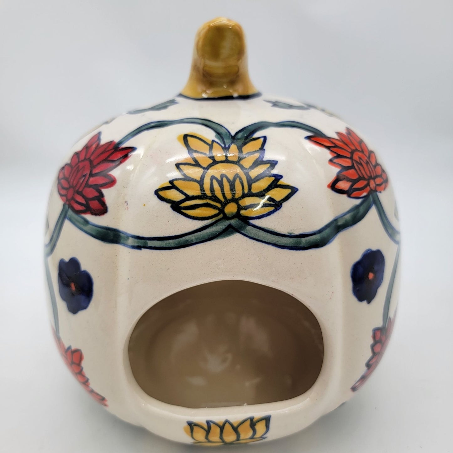 Talavera Style Halloween Pumpkin Jack-O-Lantern White with Large  Yellow Flower