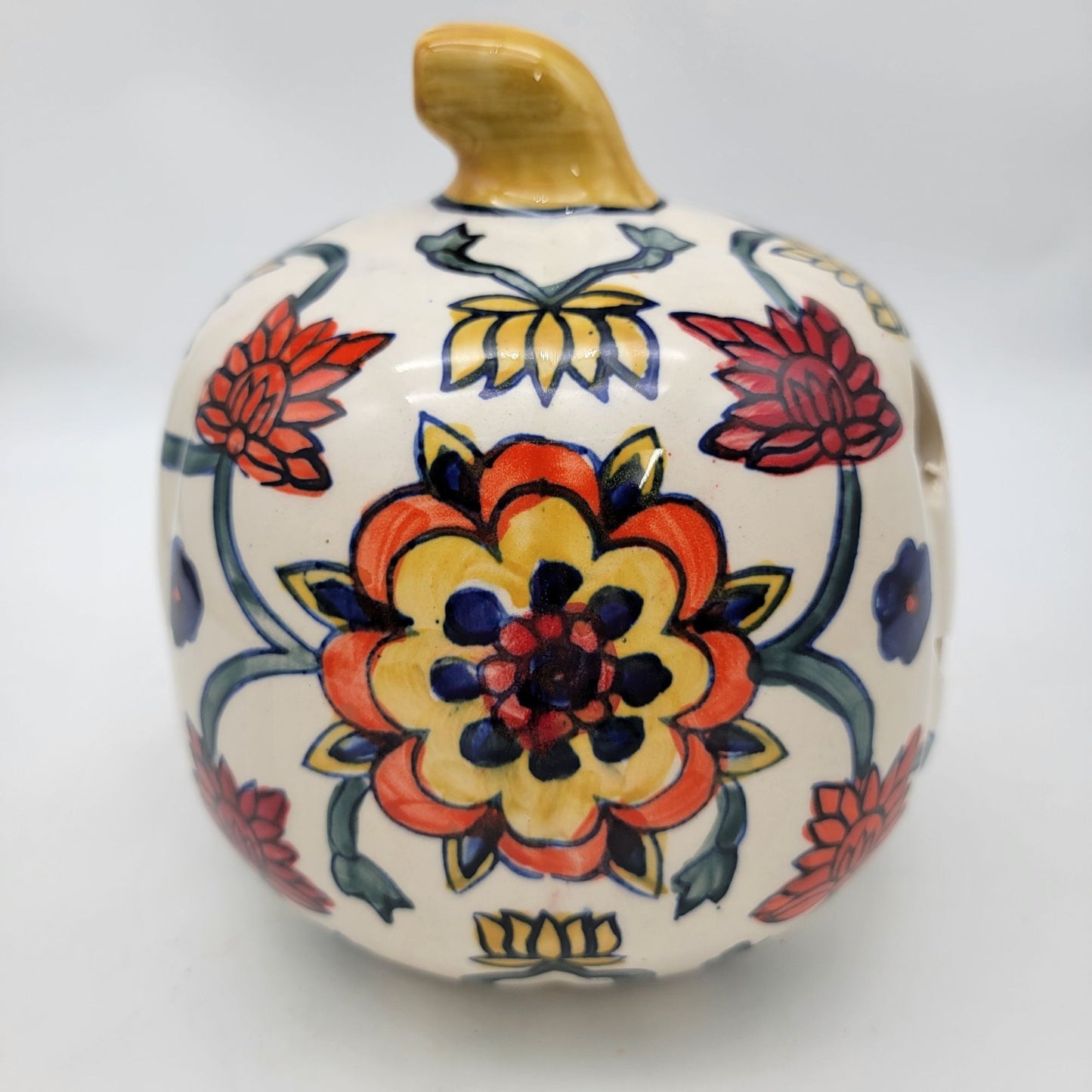 Talavera Style Halloween Pumpkin Jack-O-Lantern White with Large  Yellow Flower