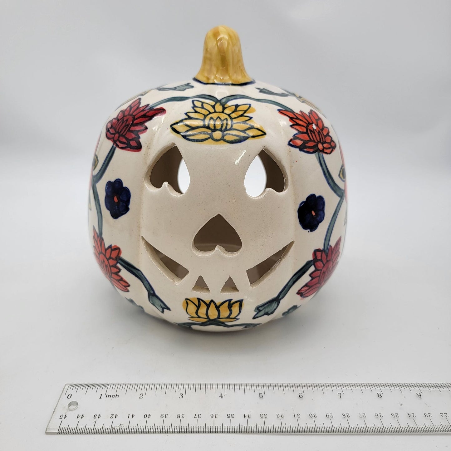 Talavera Style Halloween Pumpkin Jack-O-Lantern White with Large  Yellow Flower