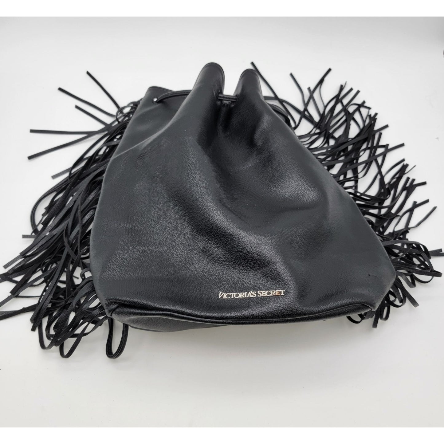 Victorias Secret Black Fringe Drawstring Leather Bucket Bag