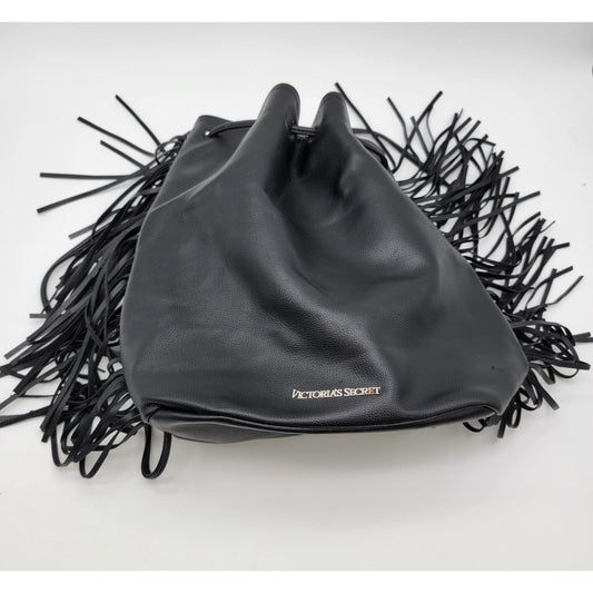 Victorias Secret Black Fringe Drawstring Leather Bucket Bag