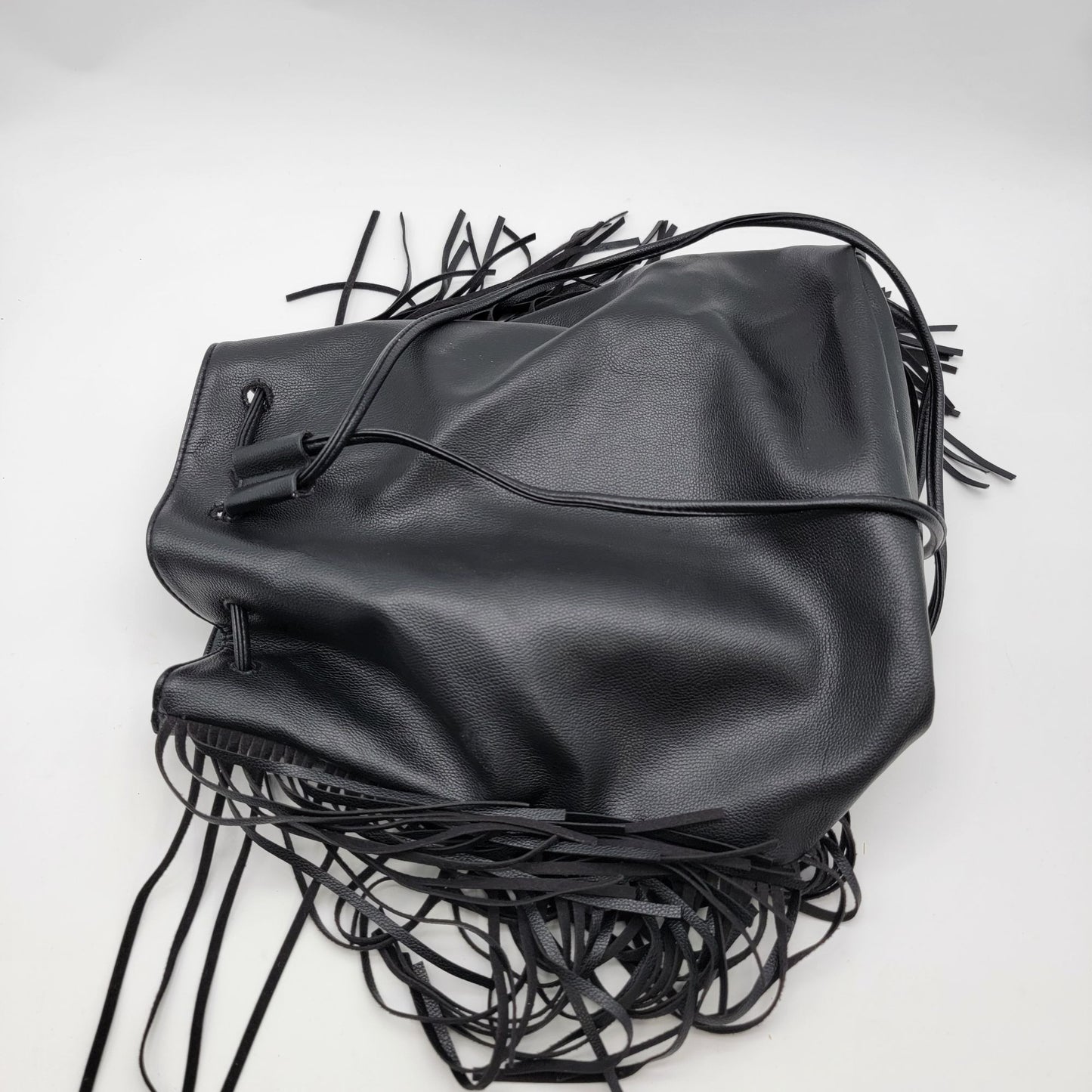 Victorias Secret Black Fringe Drawstring Leather Bucket Bag