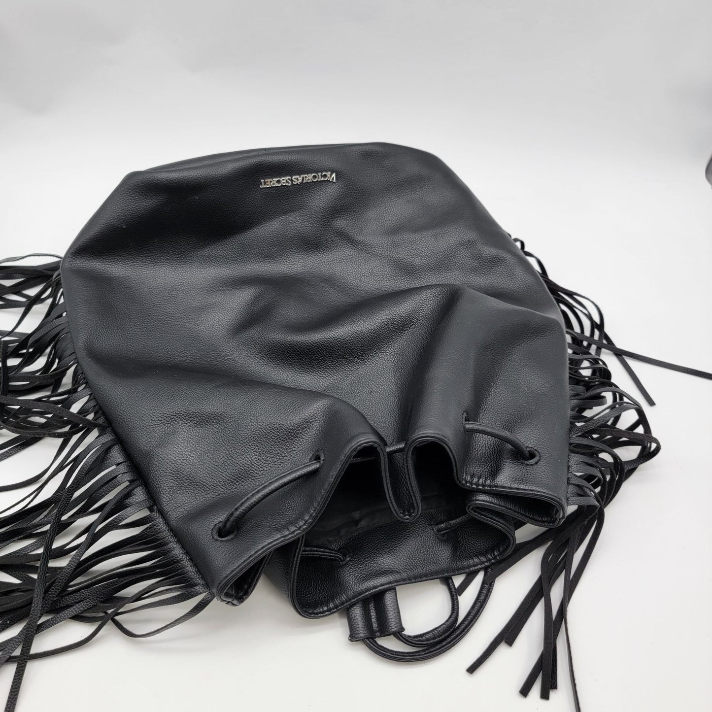 Victorias Secret Black Fringe Drawstring Leather Bucket Bag