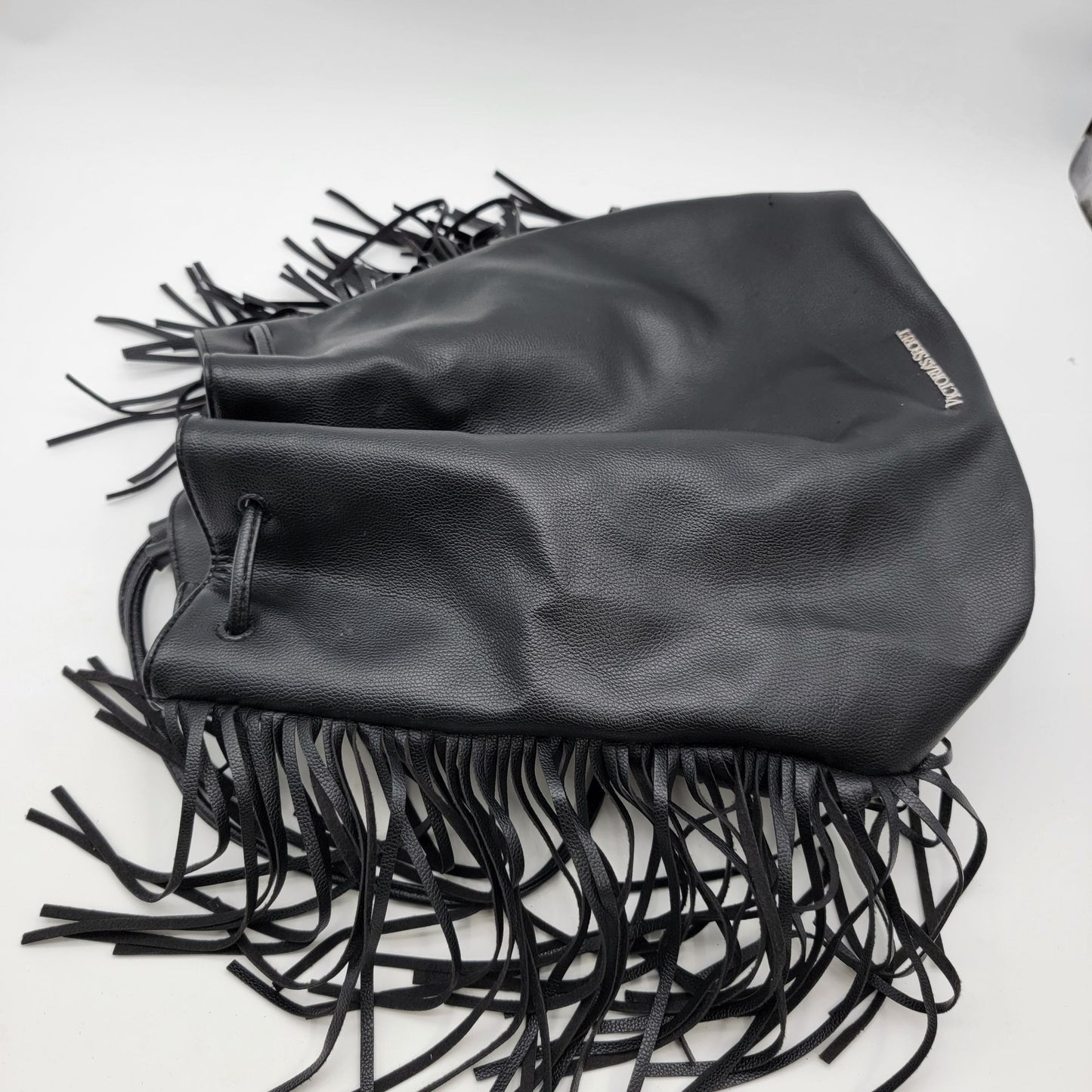 Victorias Secret Black Fringe Drawstring Leather Bucket Bag