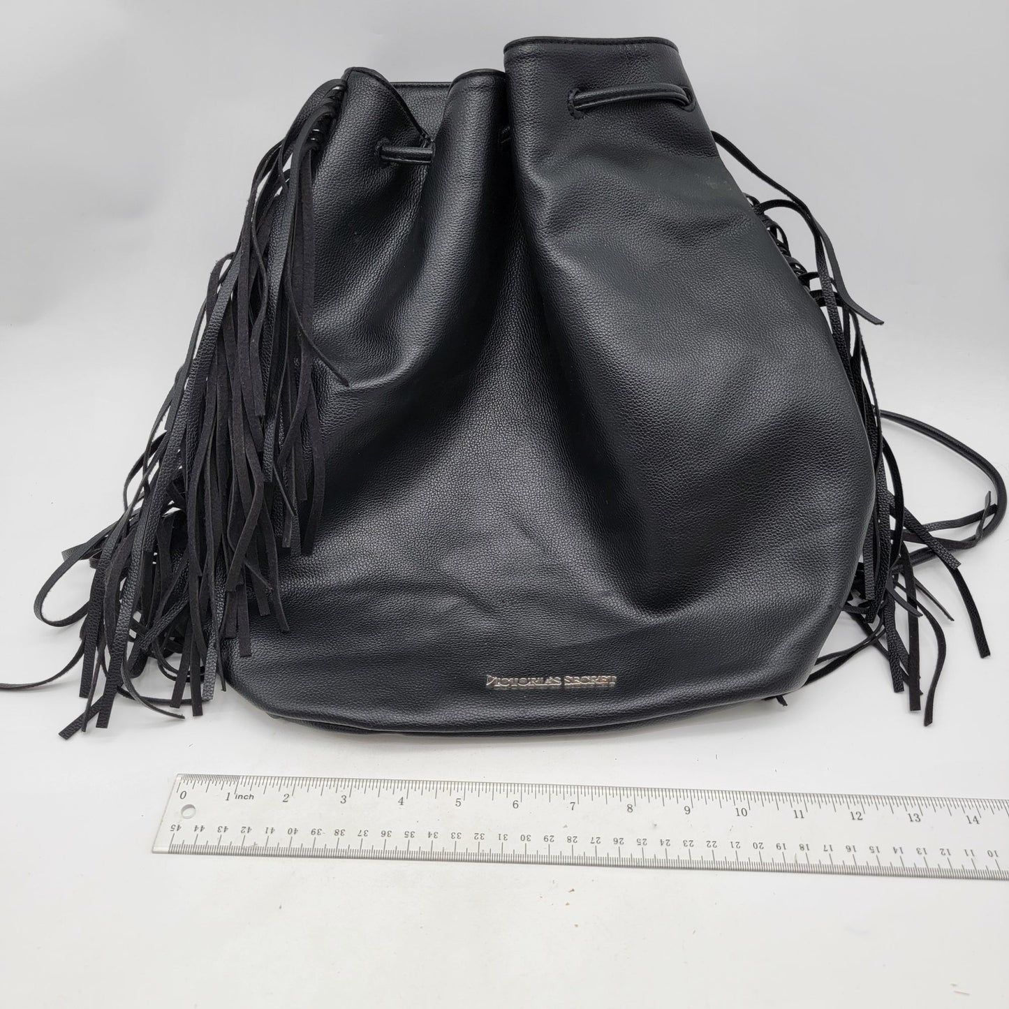 Victorias Secret Black Fringe Drawstring Leather Bucket Bag
