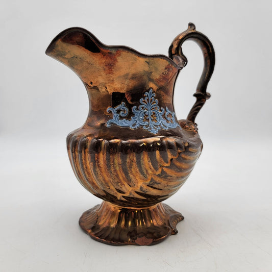 Antique Copper Lustre Pitcher With Blue Floral Design and Staple Repaired Handle
