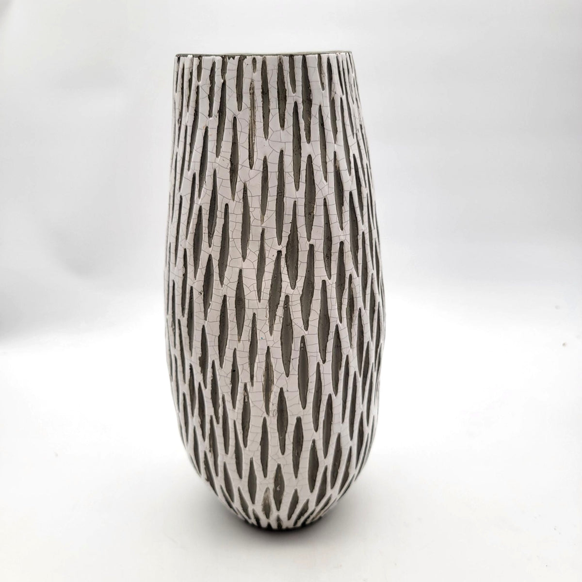 Tall Euro Pottery Crackle Vase With Textured Abstract Design