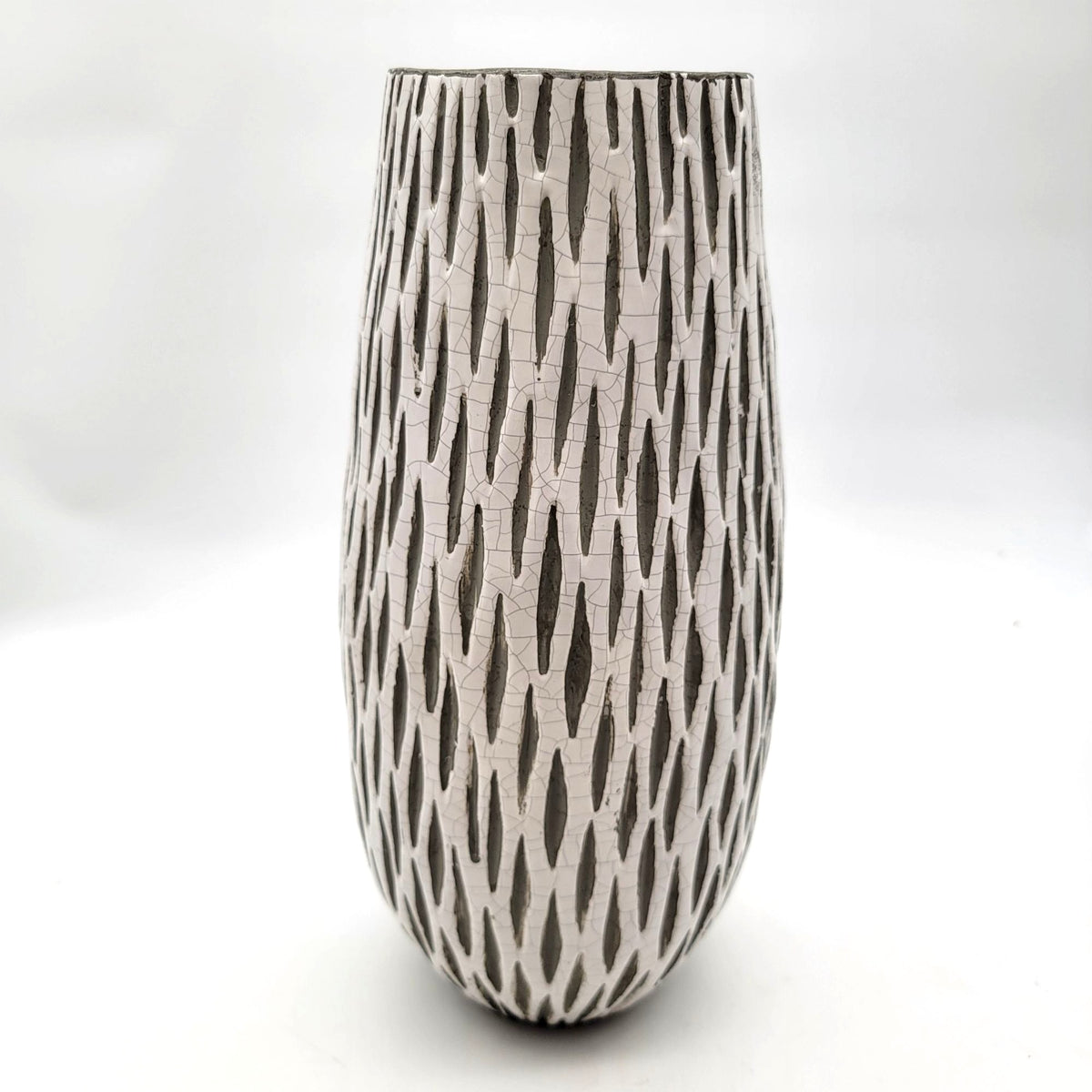 Tall Euro Pottery Crackle Vase With Textured Abstract Design