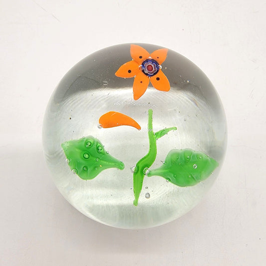Vintage Art Glass Paperweight With Orange Lampwork Flower & Millefiori Center