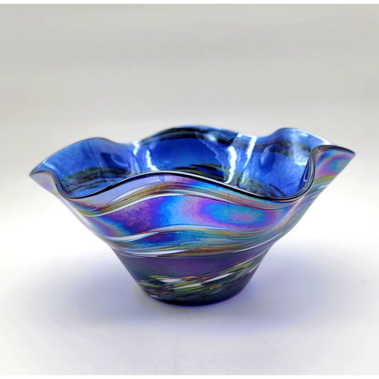 Glass Eye Studio Blue Rainbow Twist Wave Art Glass Bowl