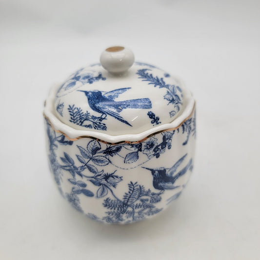 Vintage Blue & White Porcelain Lidded Jar With Bird & Floral Design
