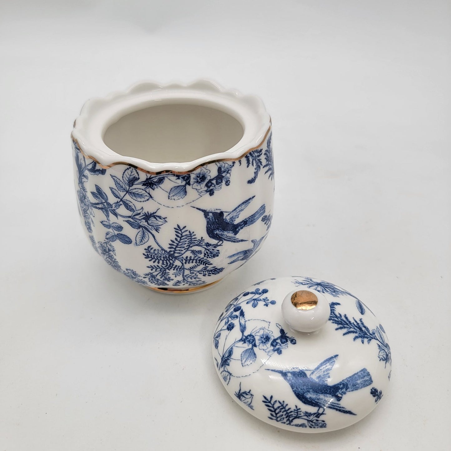 Vintage Blue & White Porcelain Lidded Jar With Bird & Floral Design
