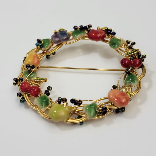 Vintage Enameled Fruit Wreath Brooch