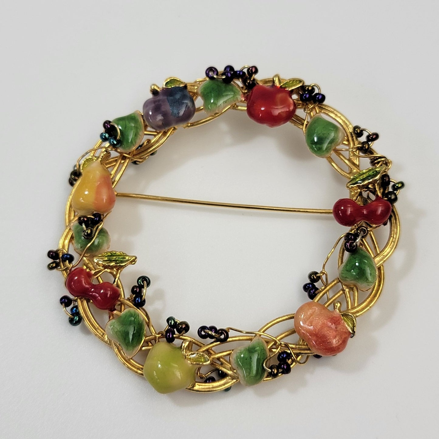 Vintage Enameled Fruit Wreath Brooch