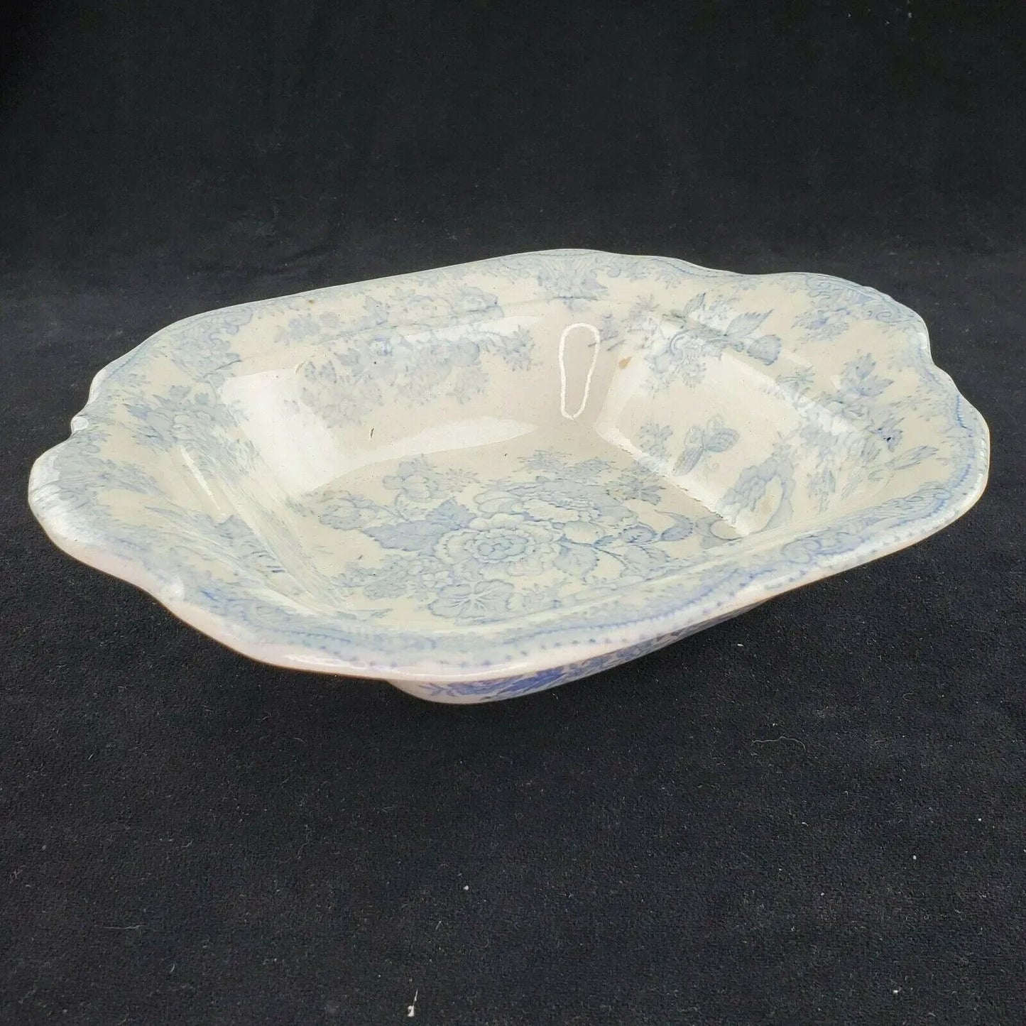 Antique Asiatic Pheasant Blue and White Transferware Serving Bowl Dish Small