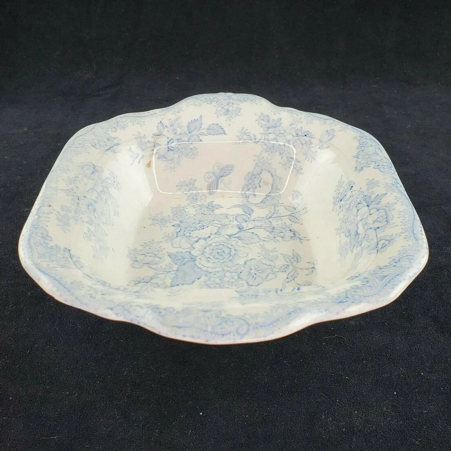 Antique Asiatic Pheasant Blue and White Transferware Serving Bowl Dish Small