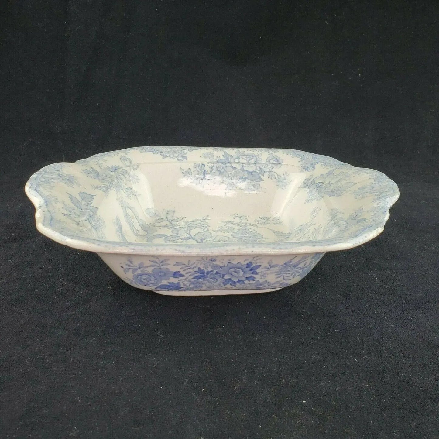 Antique Asiatic Pheasant Blue and White Transferware Serving Bowl Dish Small