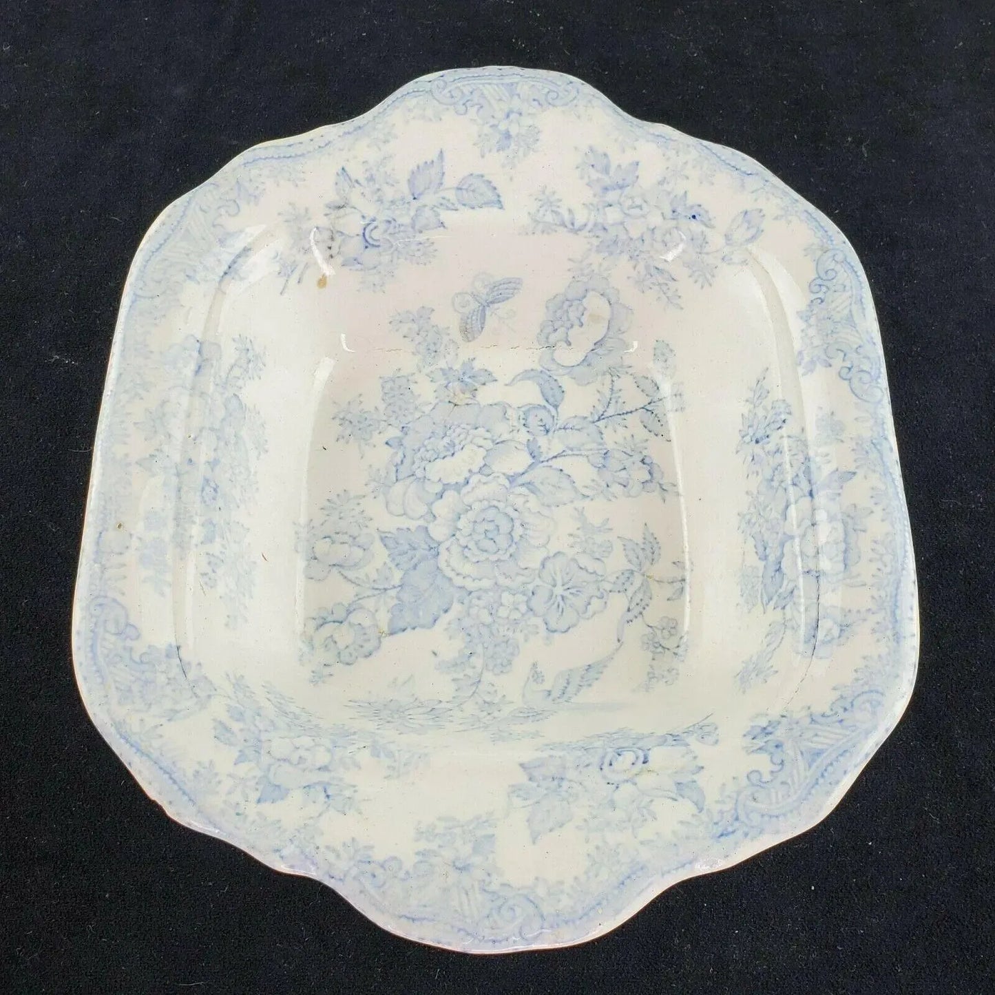 Antique Asiatic Pheasant Blue and White Transferware Serving Bowl Dish Small
