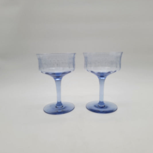 Pair Of Vintage Tiffin Franciscan Twilight Blue Etched Sherbet Glasses