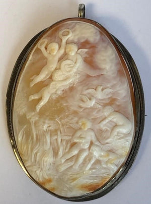 Large Antique Cameo Cherubs Silver Pendant Brooch