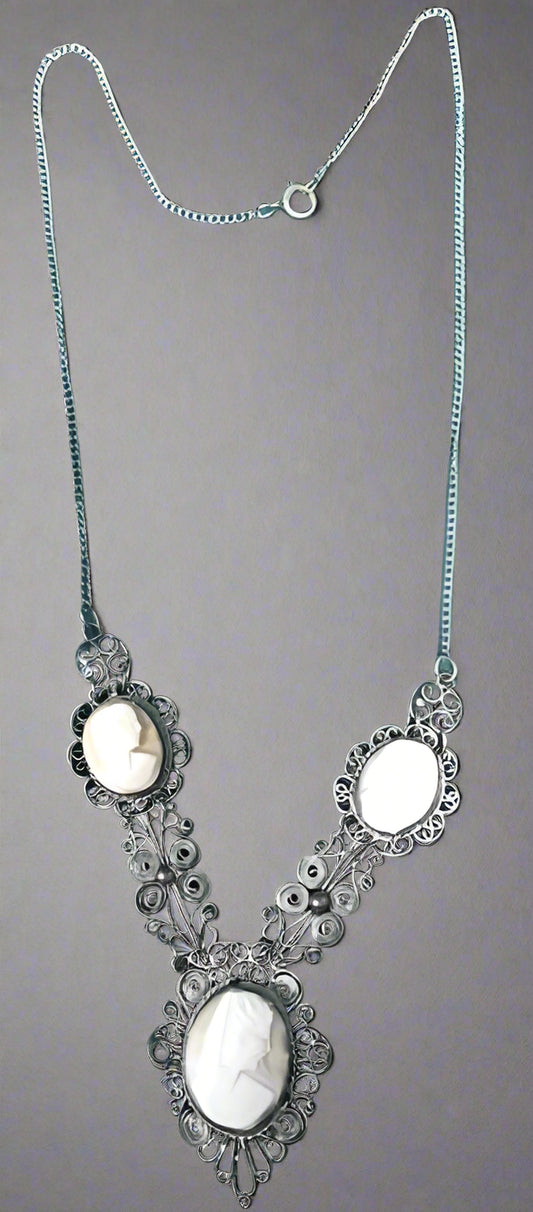 Filigree Silver Cameo Necklace