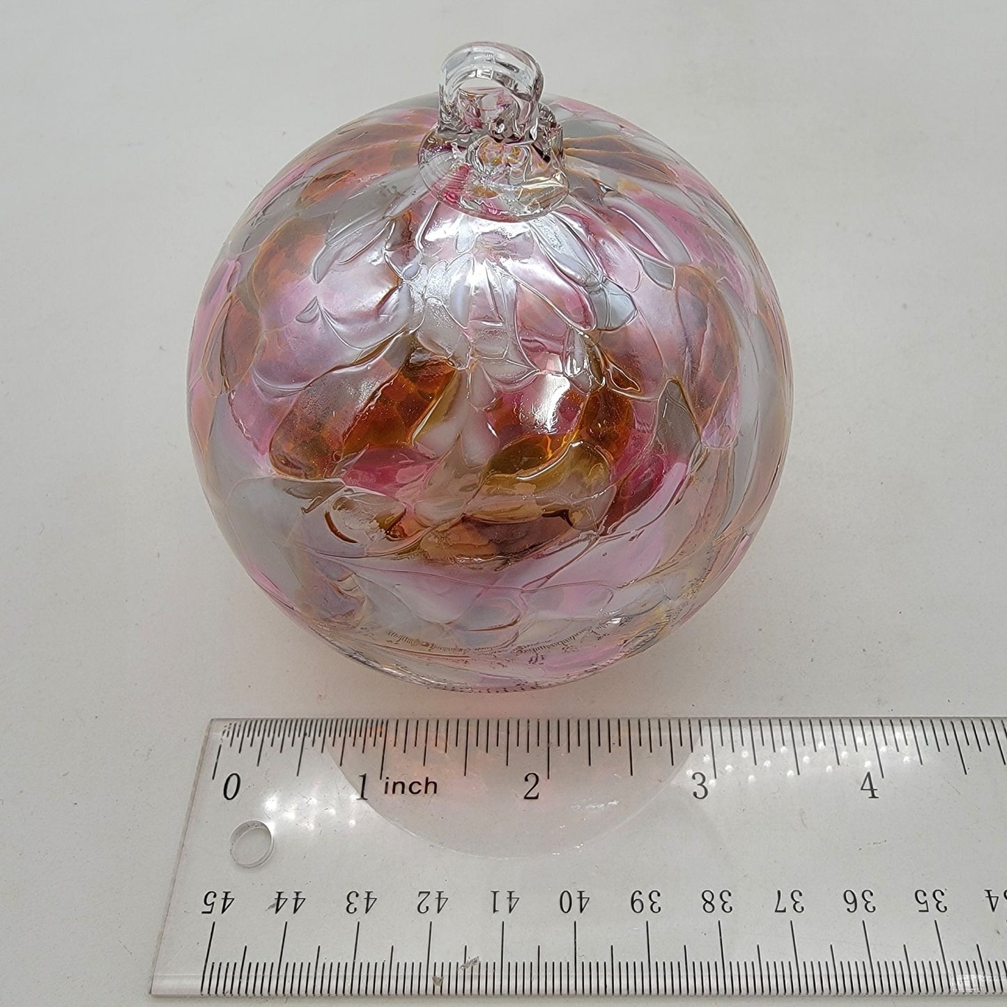 Handcrafted Anwas Art Glass Ornament Pink White & Amber Swirl