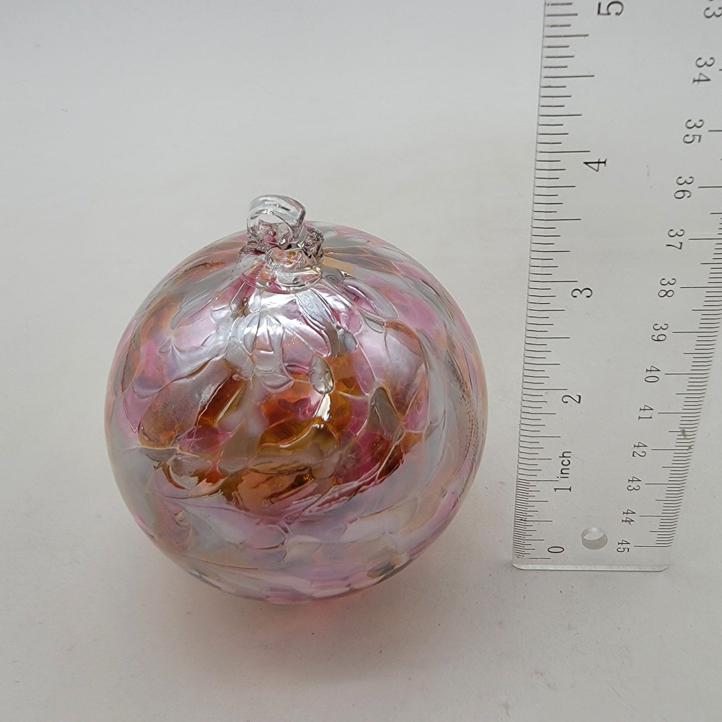 Handcrafted Anwas Art Glass Ornament Pink White & Amber Swirl
