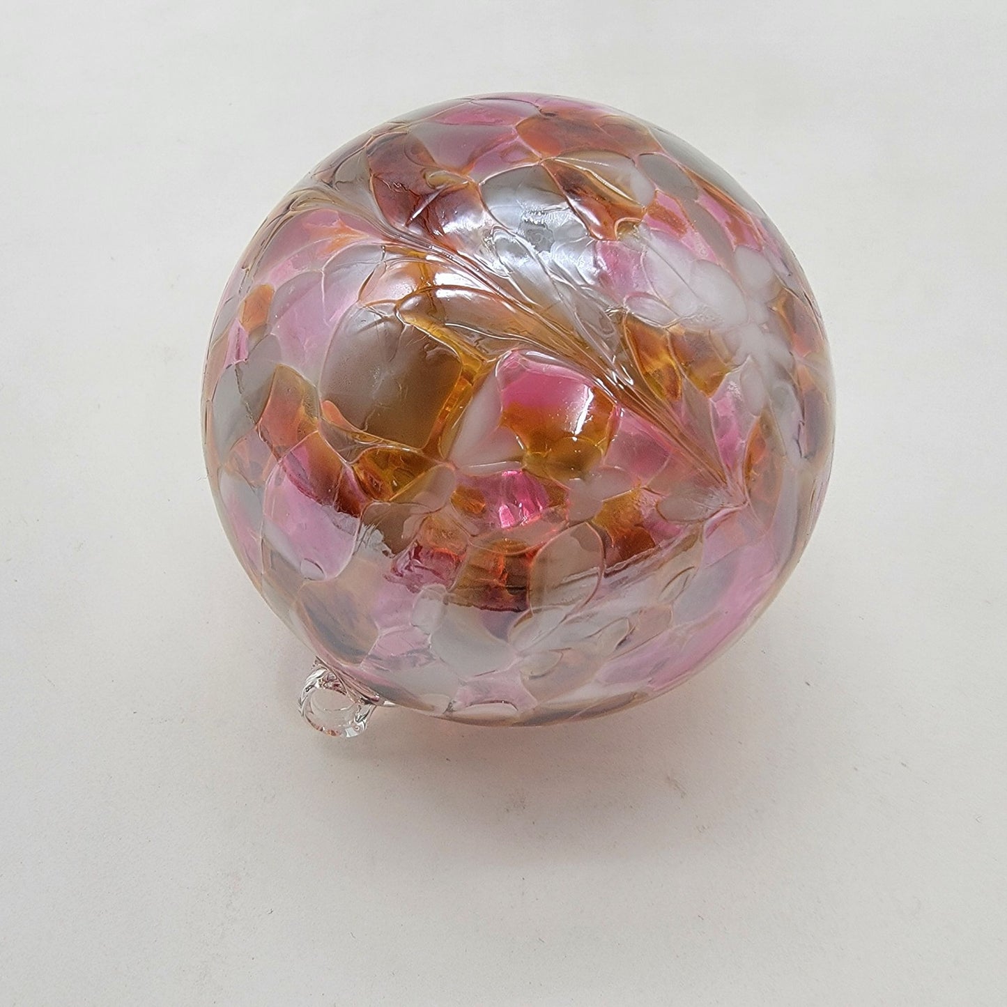 Handcrafted Anwas Art Glass Ornament Pink White & Amber Swirl